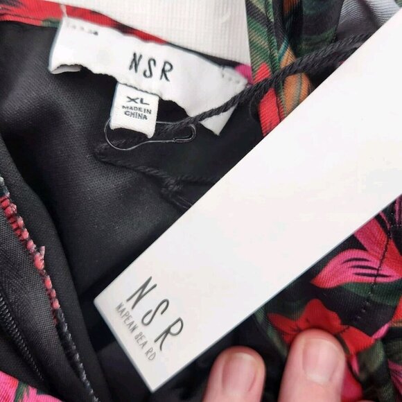 NSR Womens Size XL Off-the-shoulder Mini Dress In Black/ Pink Tropical Print - Picture 3 of 7